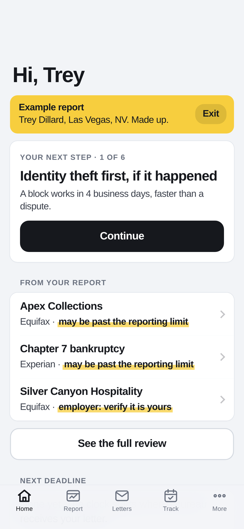ZungiDill Home screen with the next step and highlighted items from an example report