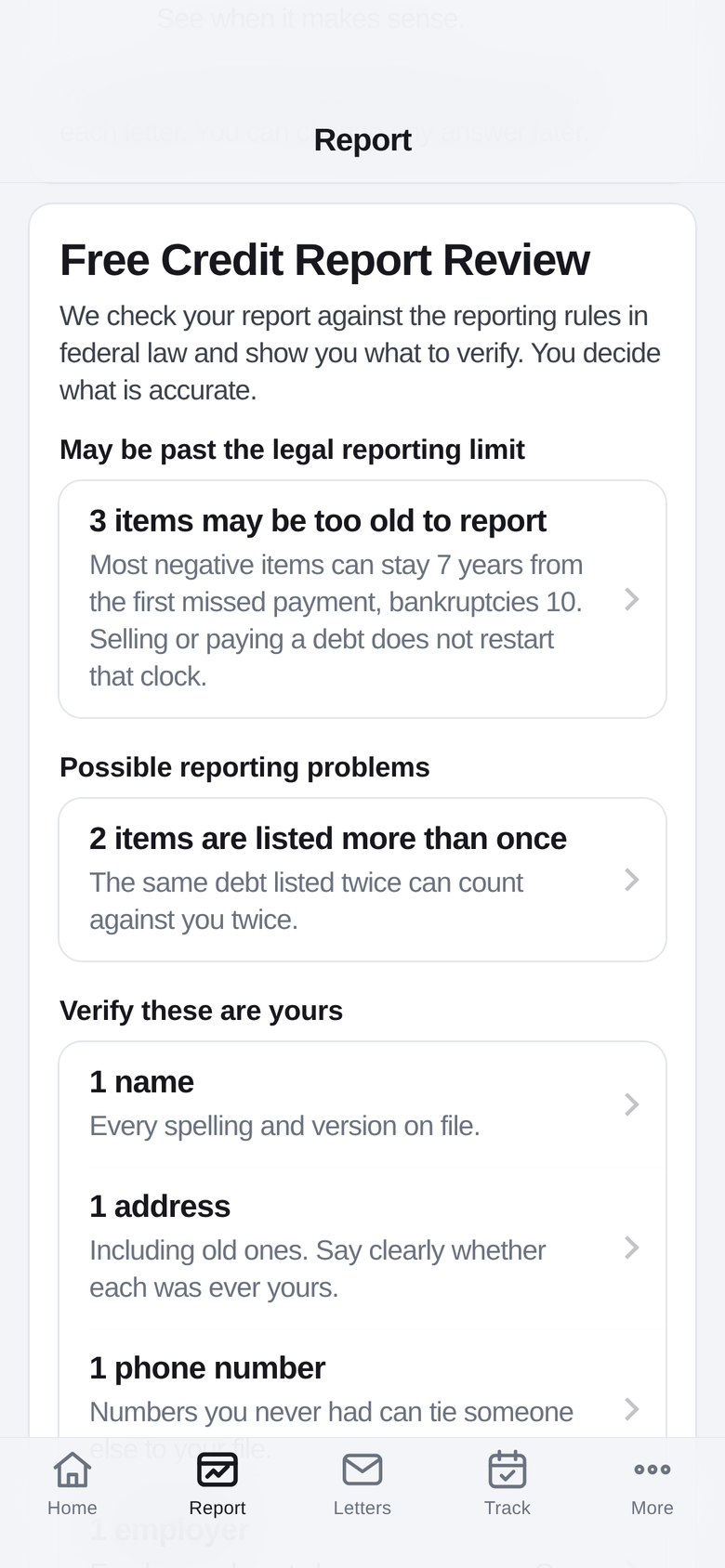 Free Credit Report Review grouped by what to verify